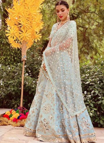 Spectacular Paper Mirror Work Mulberry Silk Firozi Lehenga Choli